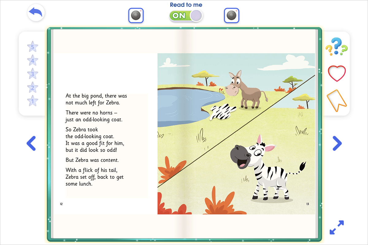 Screenshot of a Reading Eggs read-aloud book about a zebra