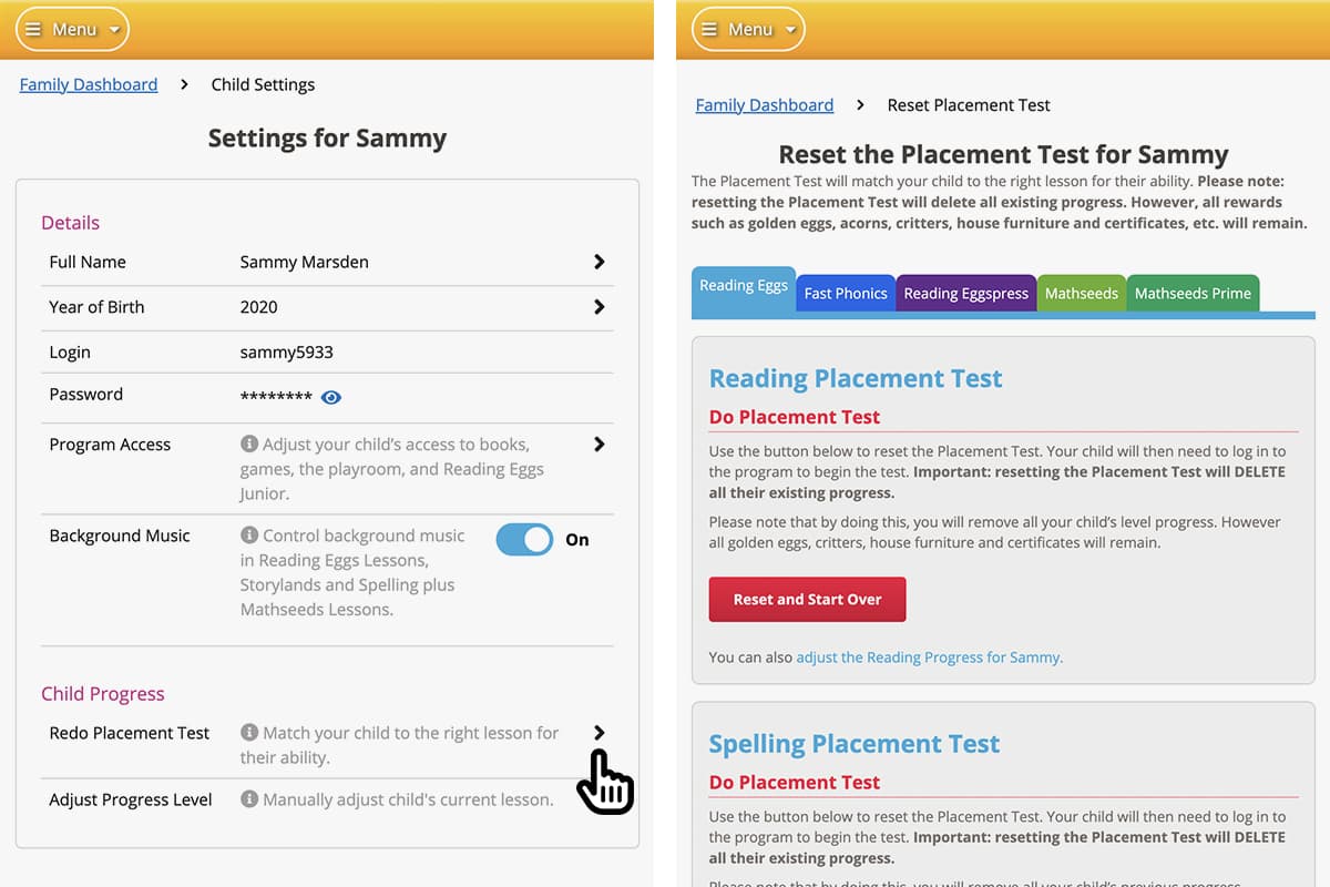 screenshot of the Reset Placement Test area of the Reading Eggs Family Dashboard